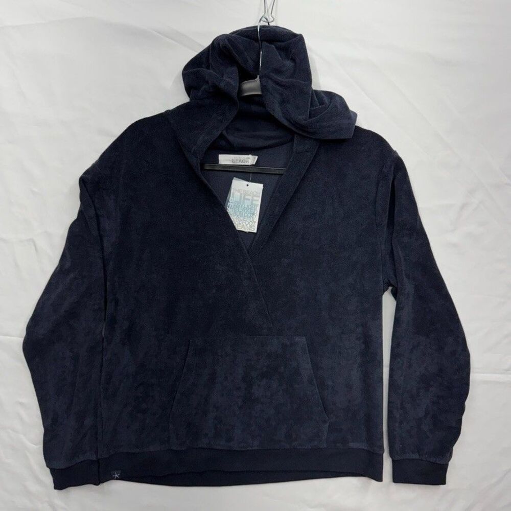 NWT Barefoot Dreams BEACH CozyTerry INDIGO NAVY BLUE Cross Over Hoodie M POCKETS